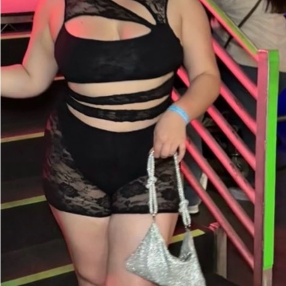 Black Lace Cutout Romper with Strappy Waist